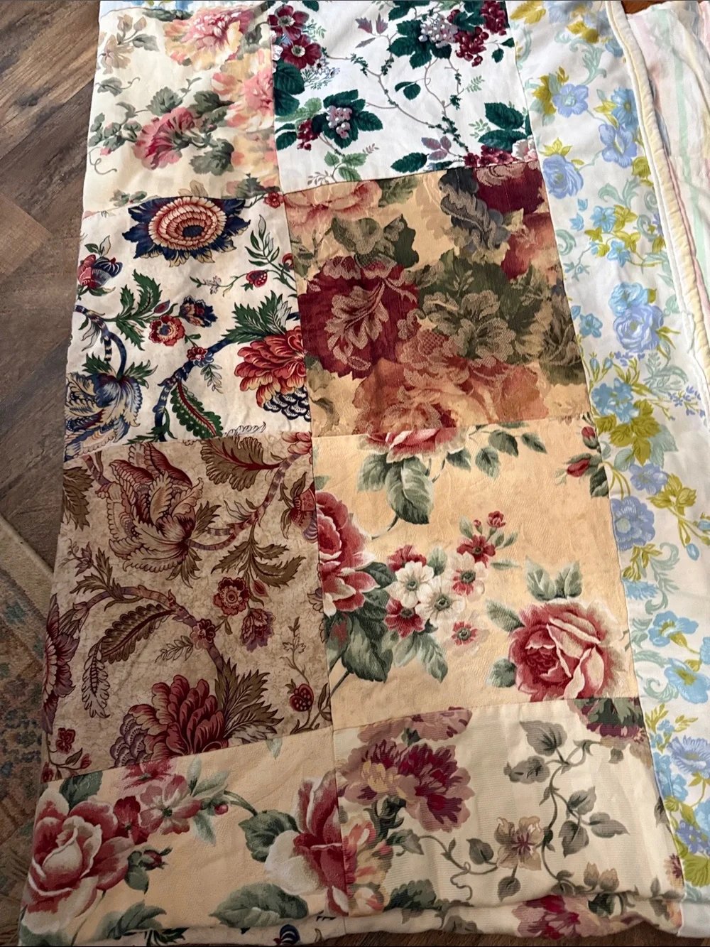 Artisan Floral Patchwork Quilt in Cream, Red, Green, Blue striped other side